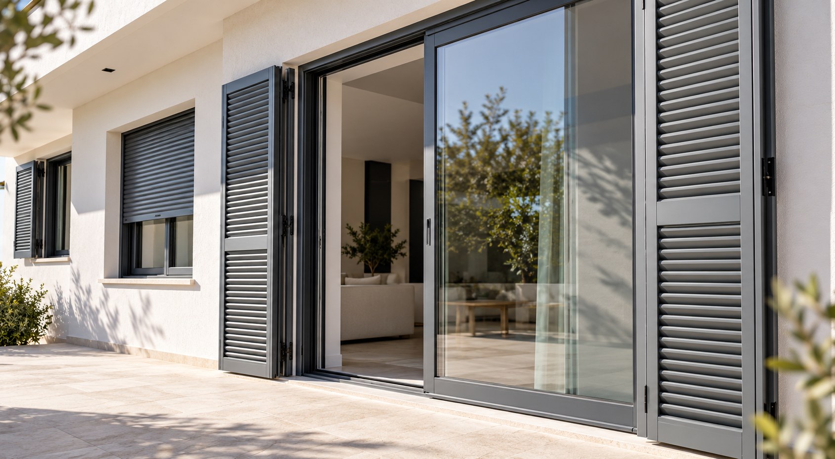Vivienda mediterránea con puerta corredera de aluminio y persianas
