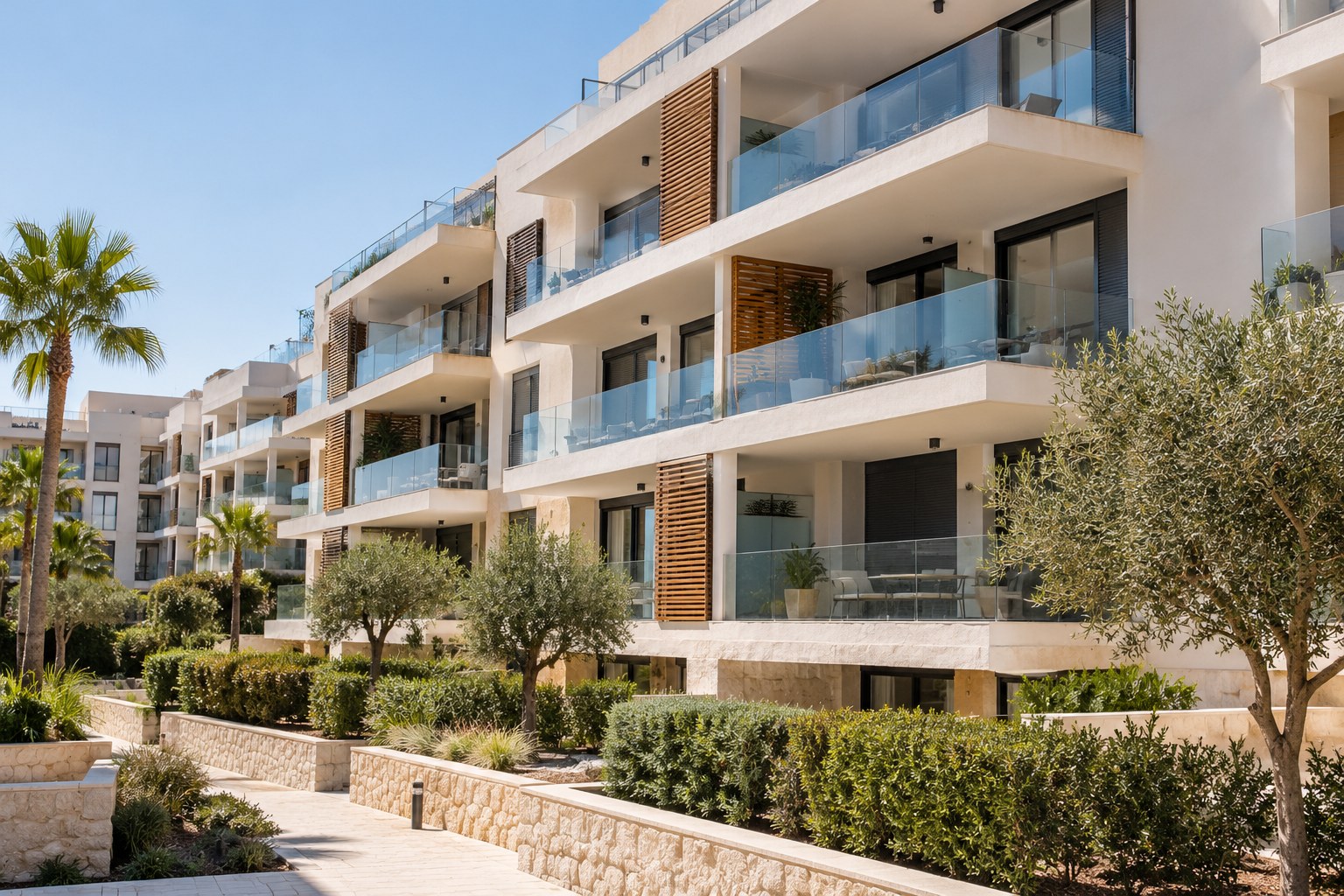 Complejo residencial mediterráneo con jardines y balcones